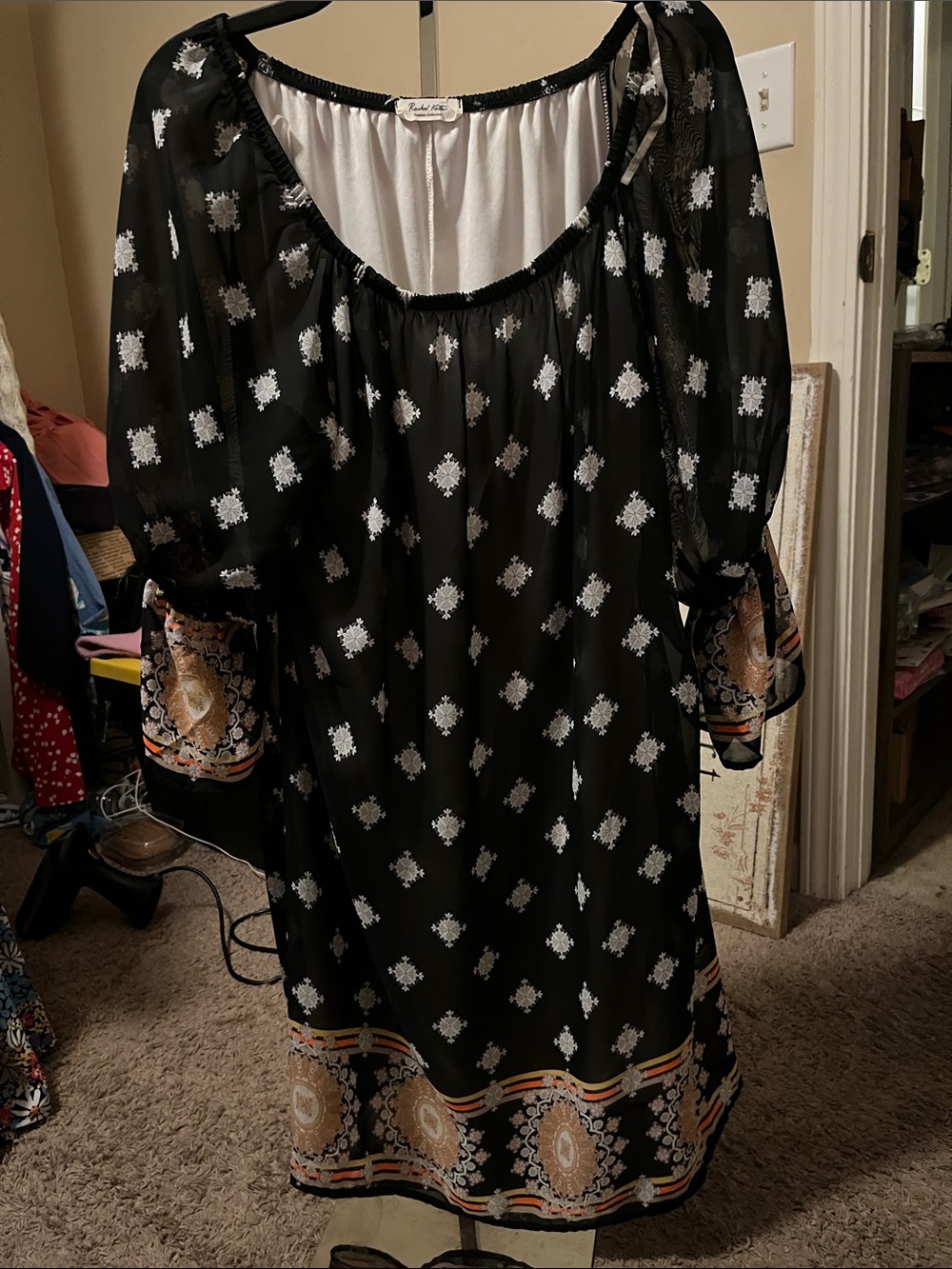Rachel Kate Black Midi Dress with White Motif and Tan Border